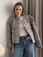 Aurohaya Shiny Tweed Blazer with Sequins Women's Round-Collar Short Jacket with Pockets